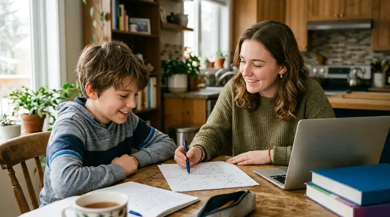 A college tutor helps a middle school student with a science worksheet at a kitchen table