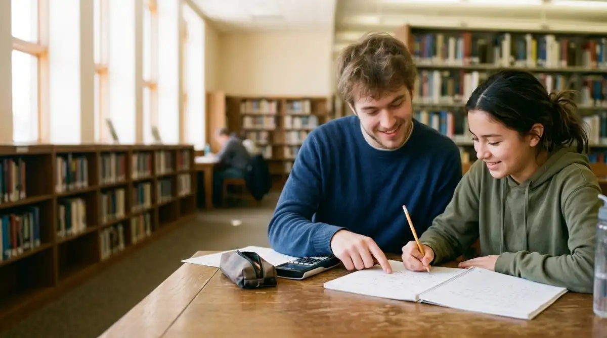 A college tutor points to a math problem while a high school student works through it at a library table